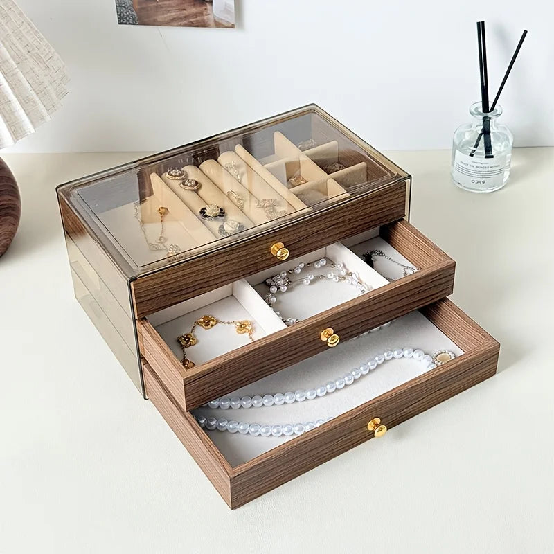 3-Layer Jewelry Box Organizer | Glass Window & Olive Green Leather