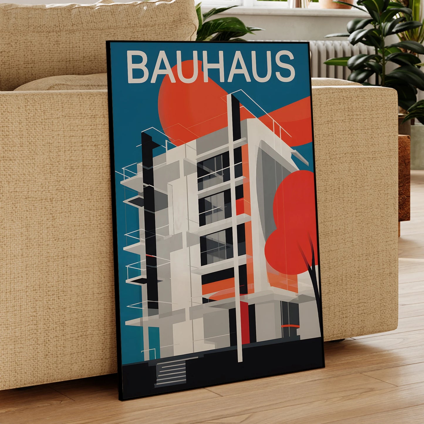 Modern Bauhaus Retro Architecture Framed Canvas Wall Art