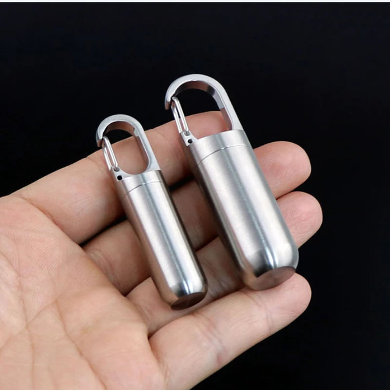 Portable Mini Stainless Steel Sealed Capsule Waterproof Pill Box Camping Firstaid Pendant Travel Outdoor Portable Pill Case Peaceful Pleasures Health and Wellness