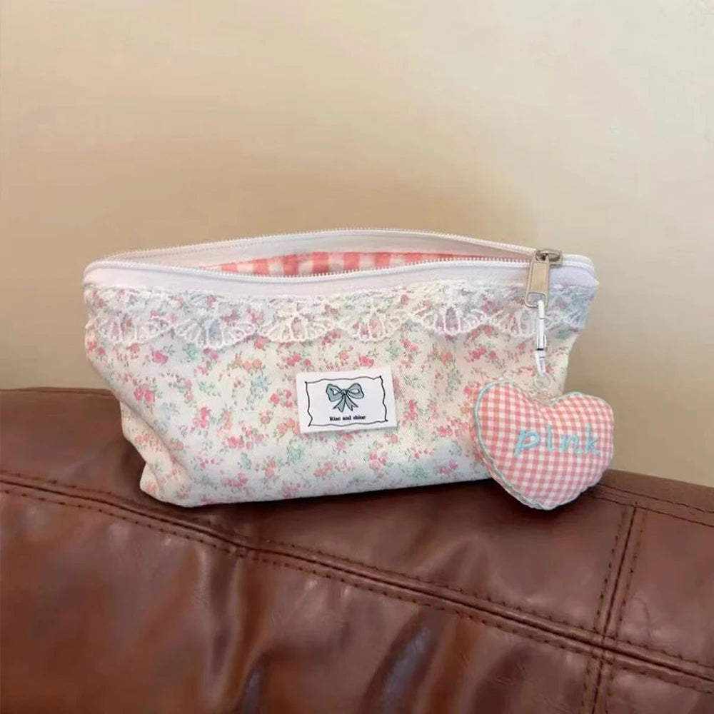 Fresh Lace Pink Floral Bow Pencil Case Ins Student Stationery Storage