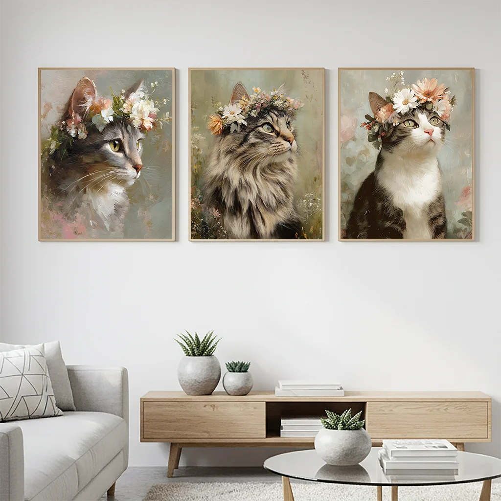 Vintage Animal Wall Art, Plant Floral Cat Canvas Painting, Botanical Poster Print for Bedroom Living Room Wall Decor Peaceful Pleasures Health and Wellness