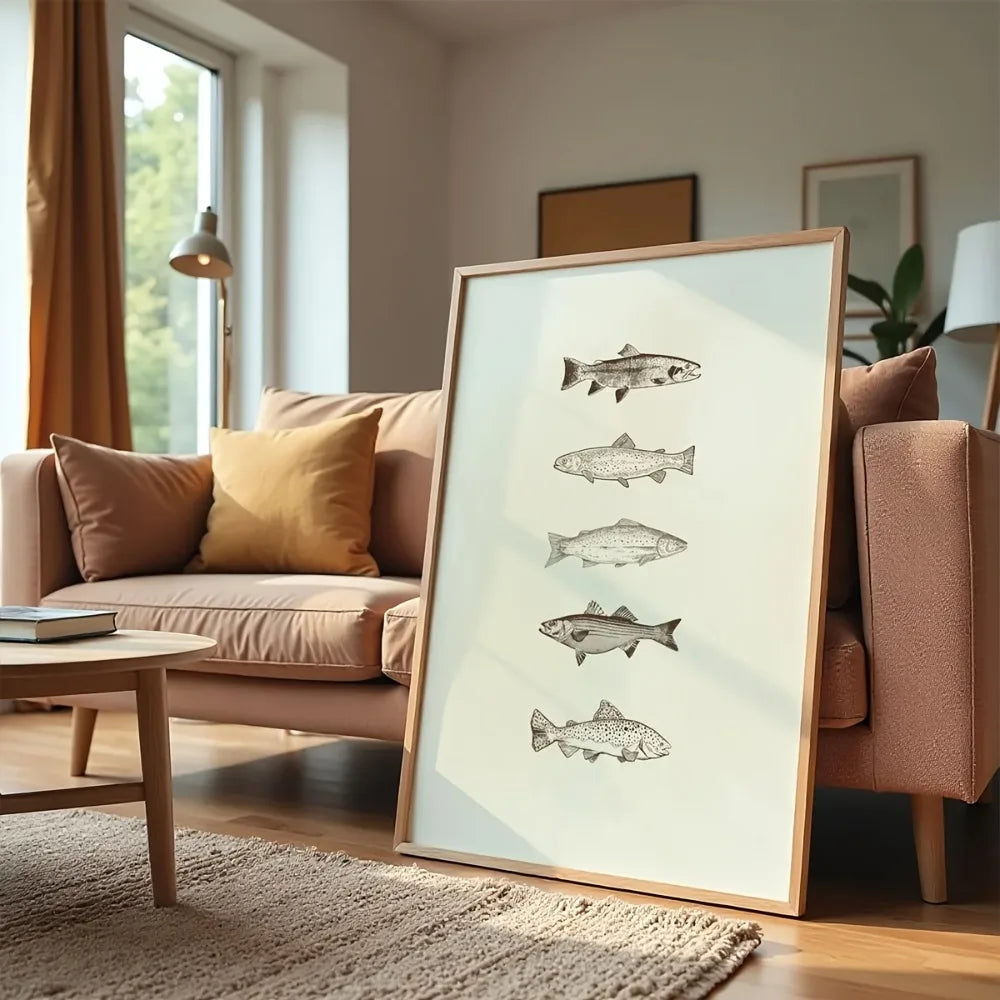 Retro Sea Fish Canvas Wall Art | Beige Fisherman Poster