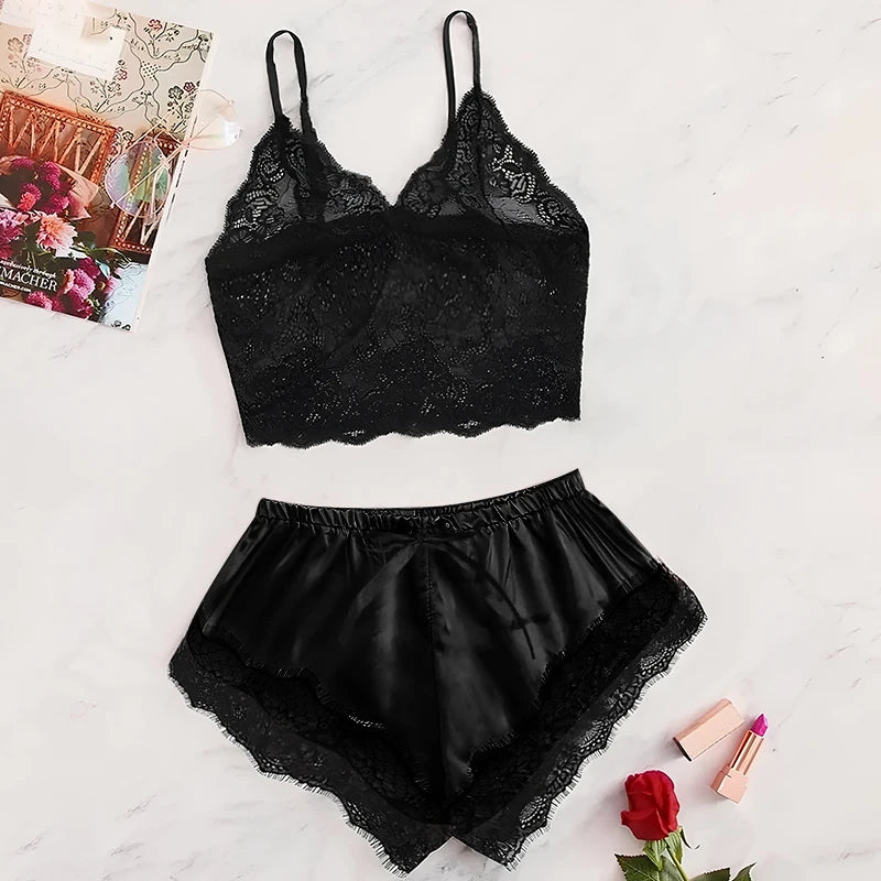 2PCS Women's Satin Pajama Set Lace Cami Top and Shorts Sexy Lingerie Sleepwear Summer Breathable Nightwear Black And Pink Peaceful Pleasures Health and Wellness Black 2XL