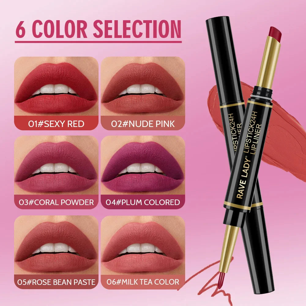Rave Lady 2-in-1 Matte Lipstick & Lip Liner – 6 Colors