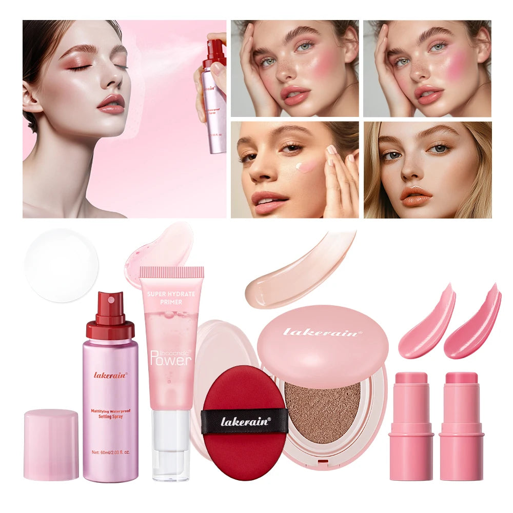 Pink Makeup Set Primer Setting Spray Include Air Cushion Foundation Base MakeupLipstick 5pcs/set Blush Hold Cosmetics Kit Peaceful Pleasures Health and Wellness