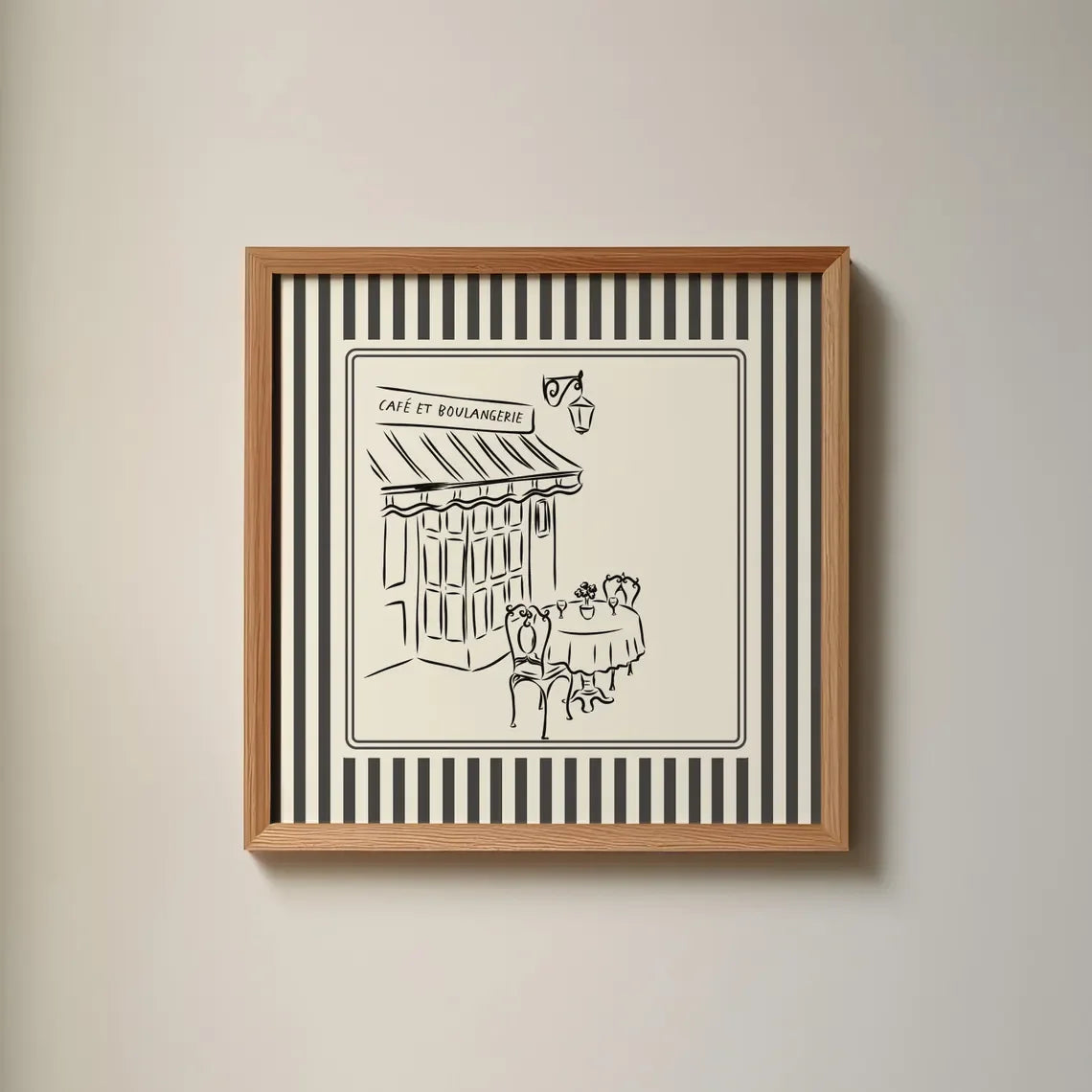 Black and White Striped French Cafe Print, Minimalist Illustration, Digital Downloads, Art Print, Gift Idea, Aesthetic Peaceful Pleasures Health and Wellness