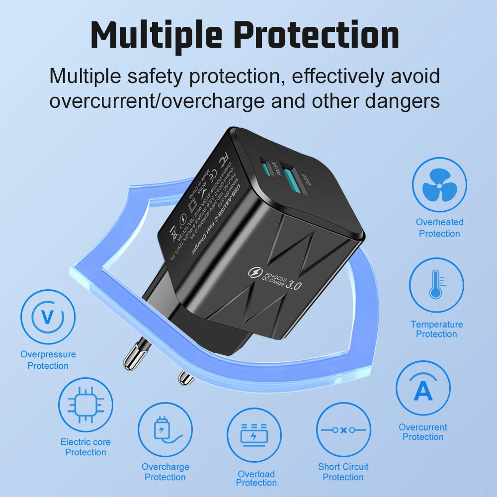 25W PD QC3.0 Dual Port Fast Charger USB-C Travel Adapter
