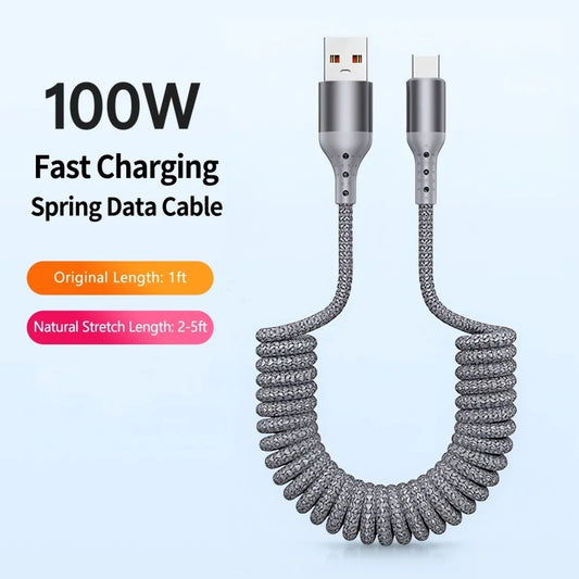 100W USB-C Retractable Spring Car Charger Cable | Fast Charge Car Charging Cable Peaceful Pleasures Health and Wellness