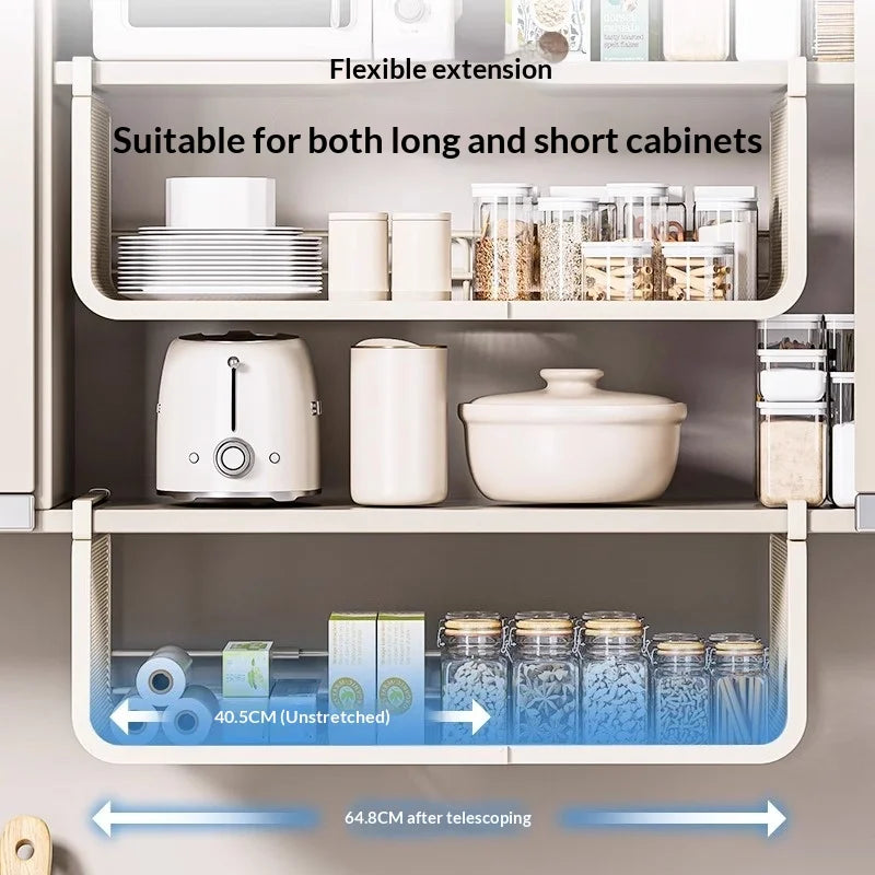 Telescopic Adjustable Multi Tier Kitchen Hanging Organizer for Cabinet Under Shelf Spice Condiment Storage Rack Ideal Kitchen Peaceful Pleasures Health and Wellness