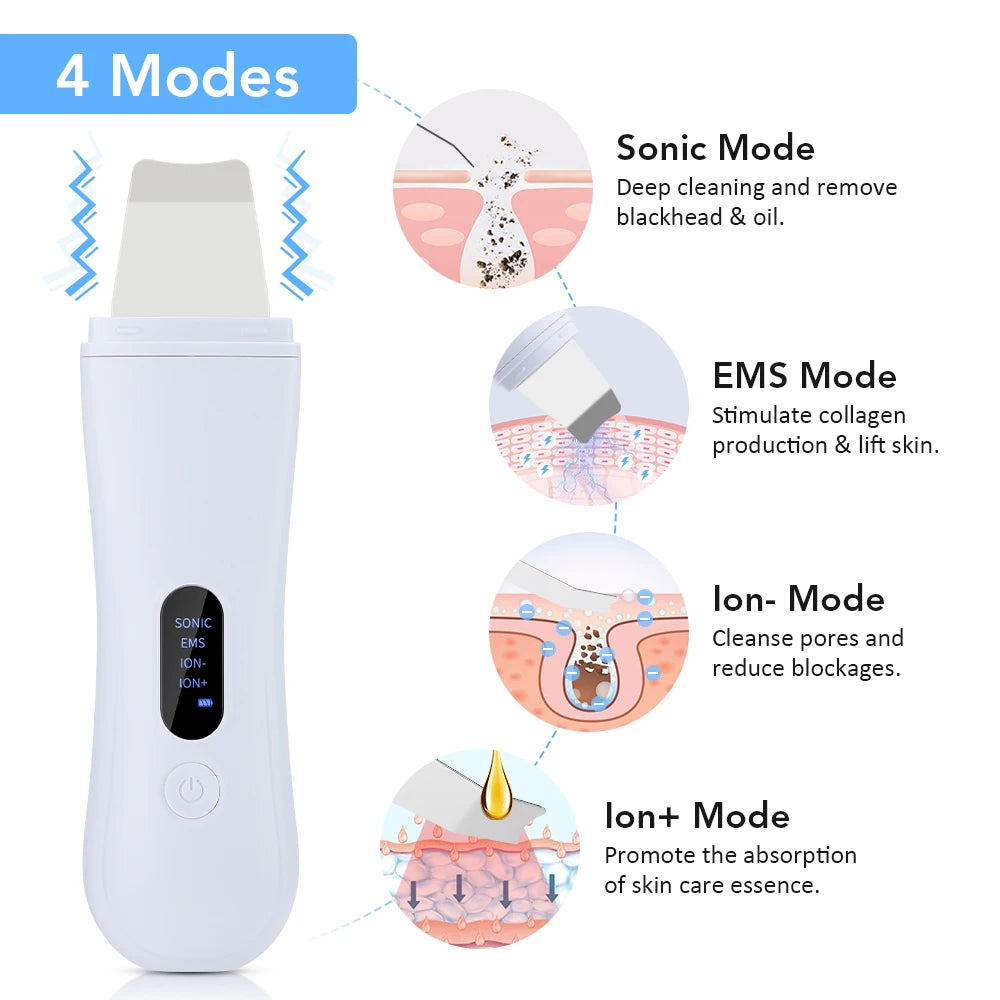 Ultrasonic Skin Scrubber Skin Spatula Ion Deep Face Cleaning 4 Modes Facial Lifting Ultrasonic Cleaner Peeling Skin Care Device Peaceful Pleasures Health and Wellness