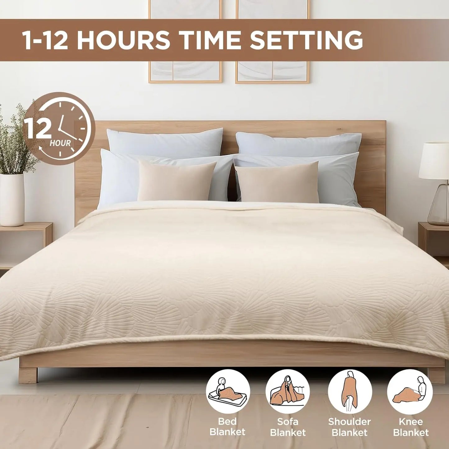 Beige blanket on a bed with 12-hour timer graphic and product usage icons.