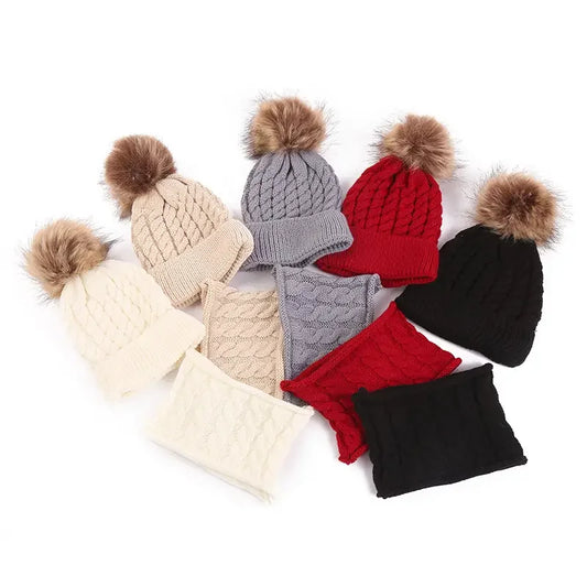 2pcs/set Children's Woolen Hat & Neck Scarf Set, Winter Solid Color Outdoor Cycling Thickened Warm Knitted Hat Peaceful Pleasures Health and Wellness
