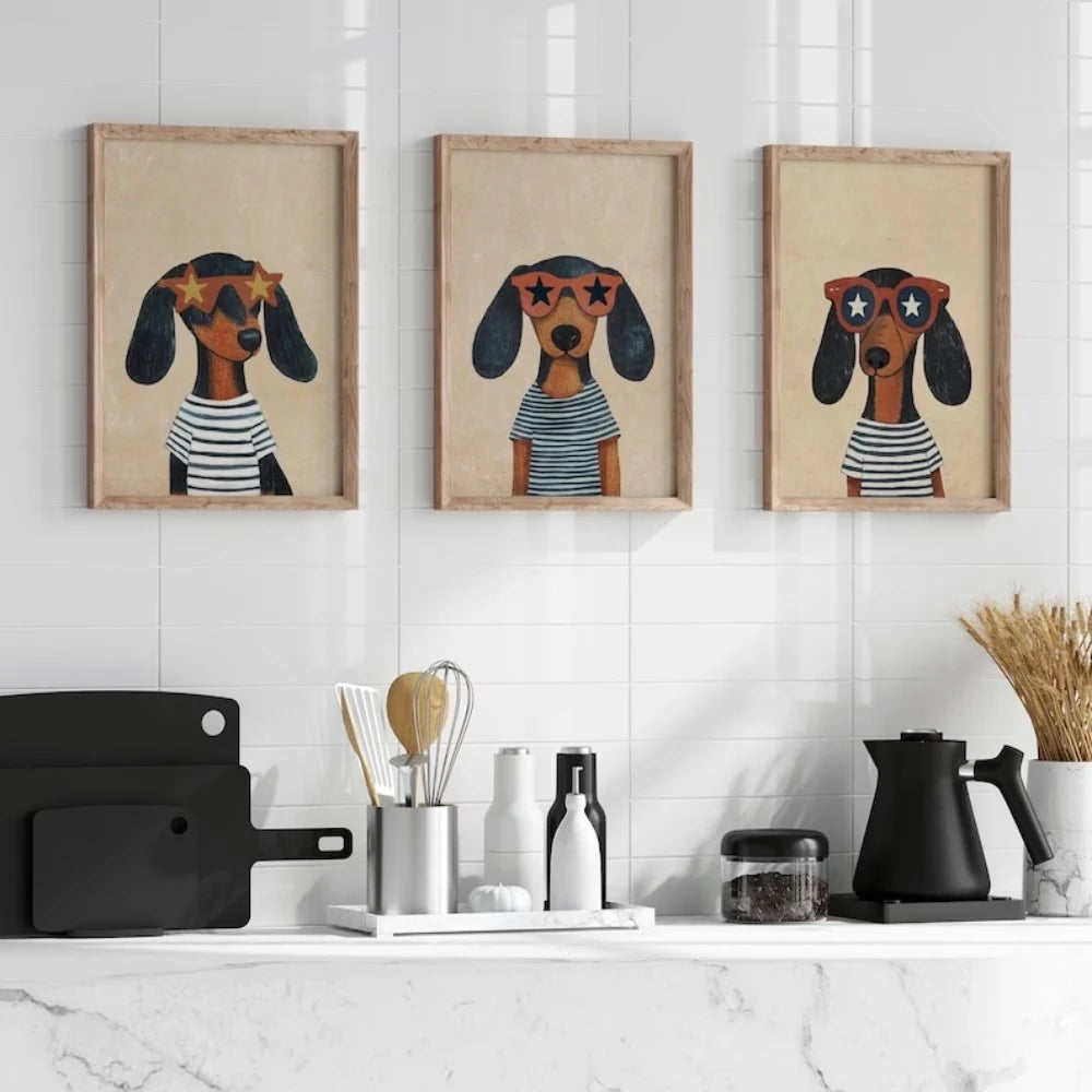 Funny Dachshund Glasses 3-Piece Canvas Wall Art Print Set
