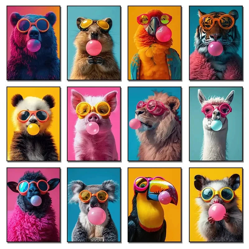 Cute Animals Pink Bubblegum Canvas Wall Art Print | Kids Decor