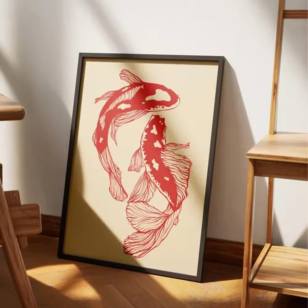 Vintage Red Koi Fish Canvas Wall Art Poster – Unframed