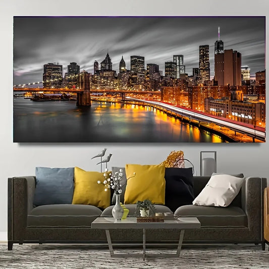 Unframed Large New York Manhattan Cityscape Wall Art,Brooklyn Bridge Sunset Night View Picture Canvas Wall Art,Artwork Painting Peaceful Pleasures Health and Wellness ZLH4623 30x60cm No Frame