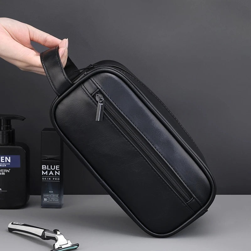 Large Capacity Men Leather Travel Wash Bag Business Trips Portable Cosmetic Bag Multi Pocket Design Handheld Leather Wash Bag Peaceful Pleasures Health and Wellness