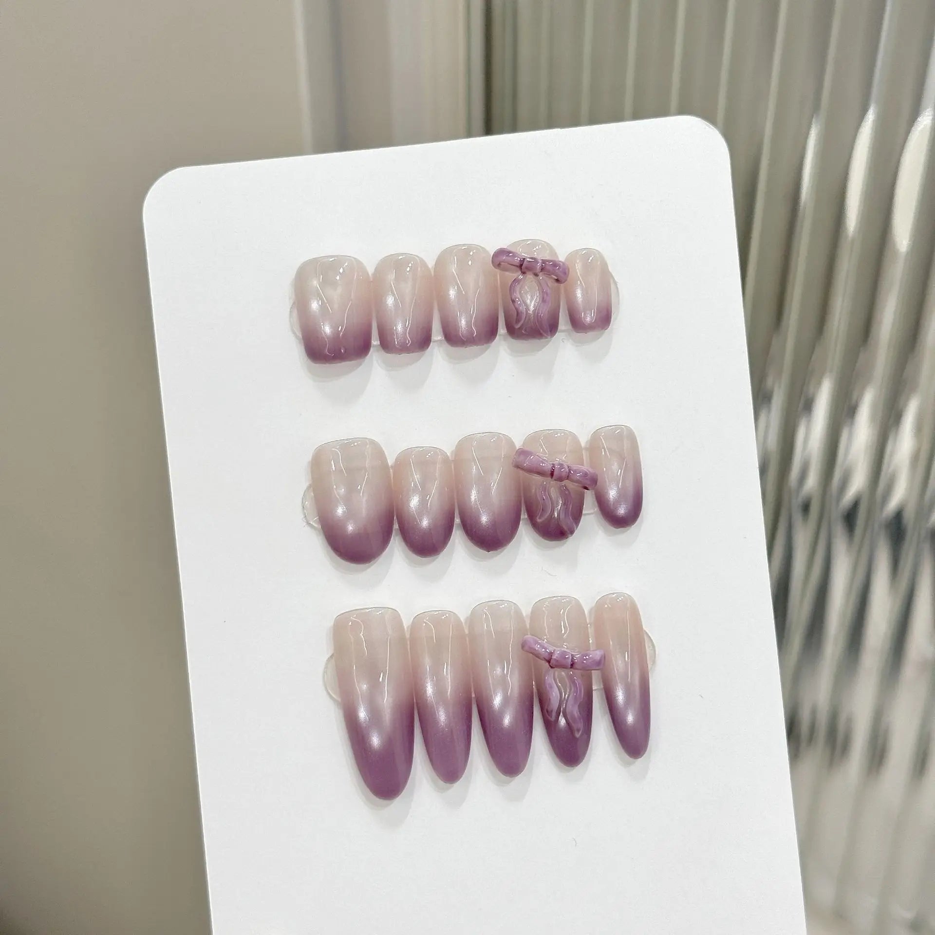 10pcs Handmade Purples French Press on Nails Sweet Korean Bow Fake Nails Full Cover Wearable Glitter Cat Eye False Nail Tips Peaceful Pleasures Health and Wellness