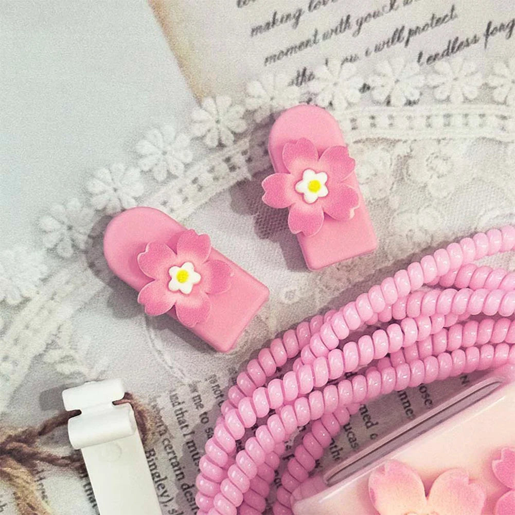 3D Pink Flower Cable Protector Sleeve for iPhone – 4 Pcs