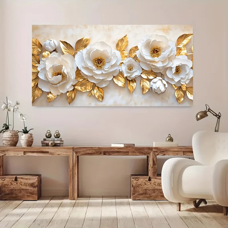 Frameless Modern Floral Canvas Art, Elegant White and Golden Retro Design, Large Wall Decor Poster, No Frame, Canvas Wall Art Peaceful Pleasures Health and Wellness
