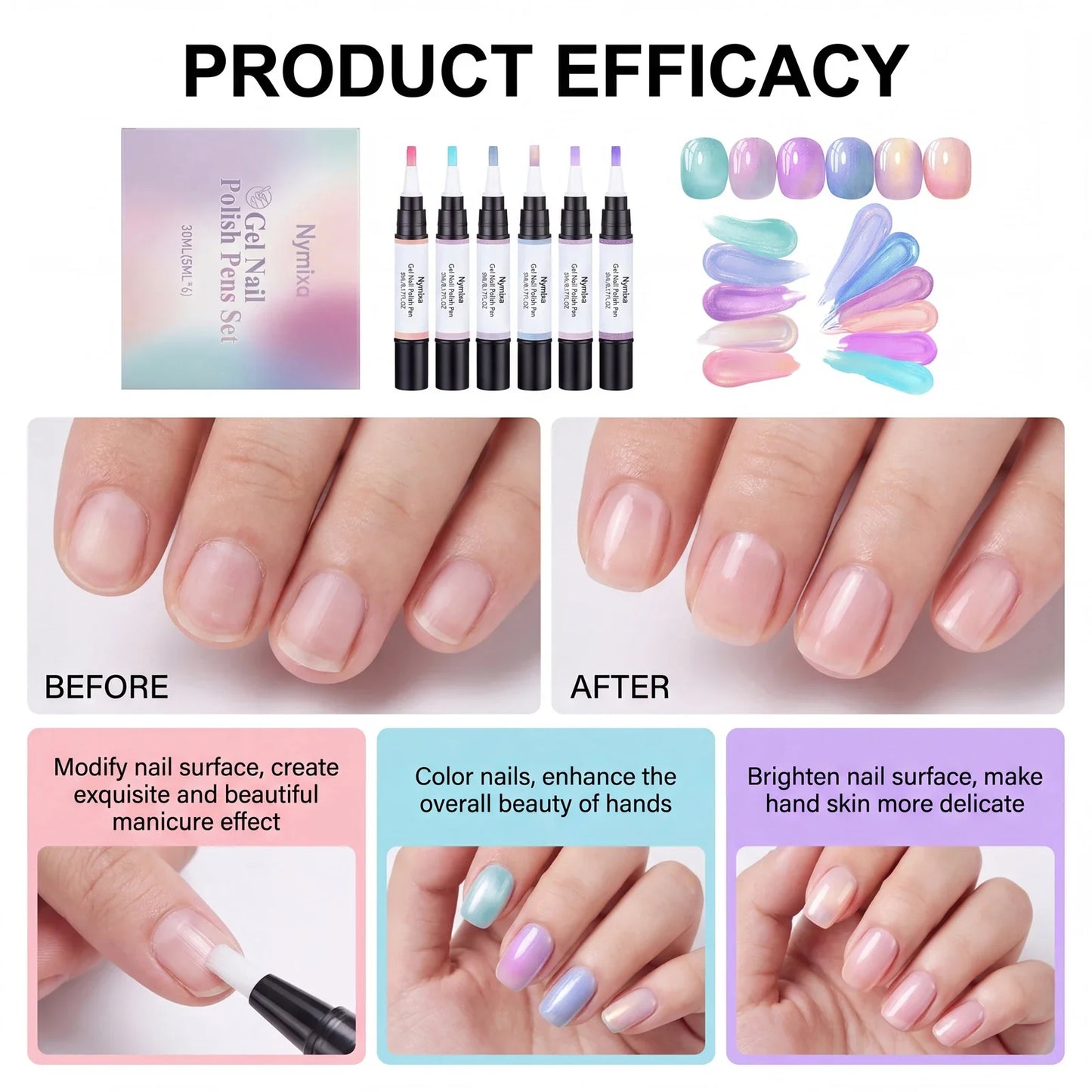 3-in-1 Gel Nail Polish Pen Set – 6 Colors, Quick Dry & Long Lasting