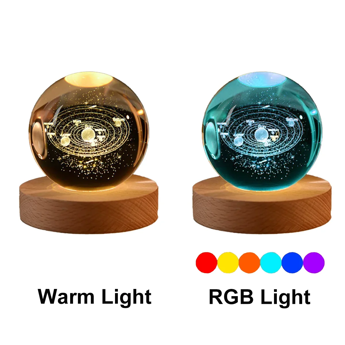 6cm Bedside Lamp Solar Theme Cosmos Series Crystal Ball Night Lights Milky Way Moon Small Ornaments for Desk Creative Gift RGB Peaceful Pleasures Health and Wellness Warm Light Solar System USB Plug