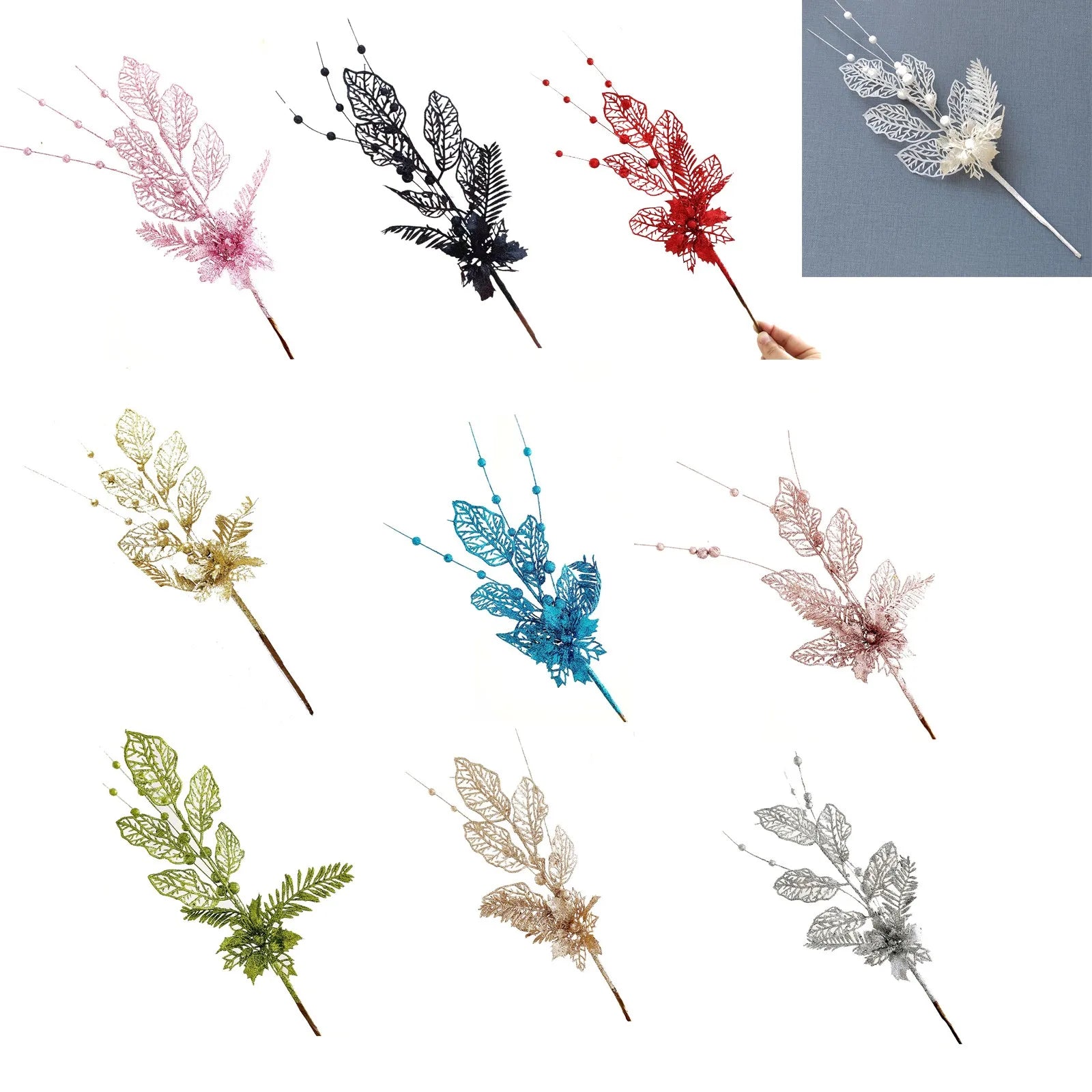 Christmas Tree Decoration Gold Lily Branch Home Decor Xmas Artificial Flower Leaves Berry Plug-In Glitter Fake Berries Branches Peaceful Pleasures Health and Wellness