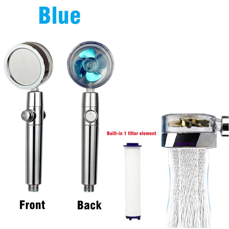 360 Degrees Rotation Turbo Fan Shower Head High Pressure Water Saving Spray Adjustable Showerhead Filters Bathroom Accessories Peaceful Pleasures Health and Wellness Blue