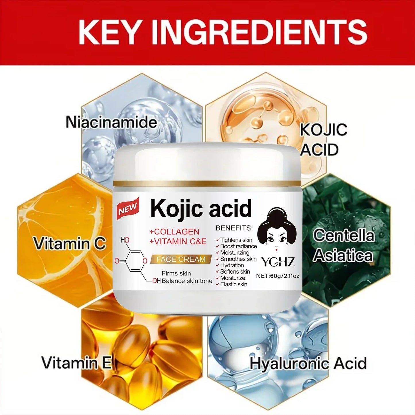 YCHZ Kojic Acid Brightening Cream 60g – Even Skin Tone & Glow