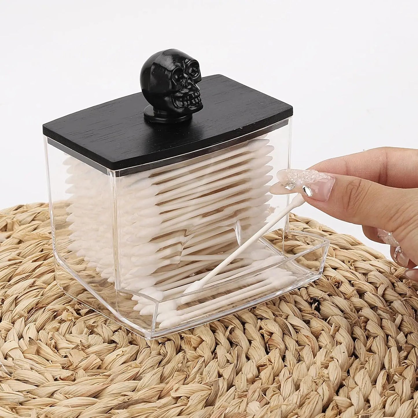 Apothecary Jar Cotton Swab & Qtip Holder – 7 oz Bathroom Storage Container with Black Wood Lid