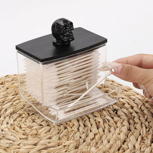 Apothecary Jar Cotton Swab & Qtip Holder – 7 oz Bathroom Storage Container with Black Wood Lid Peaceful Pleasures Health and Wellness