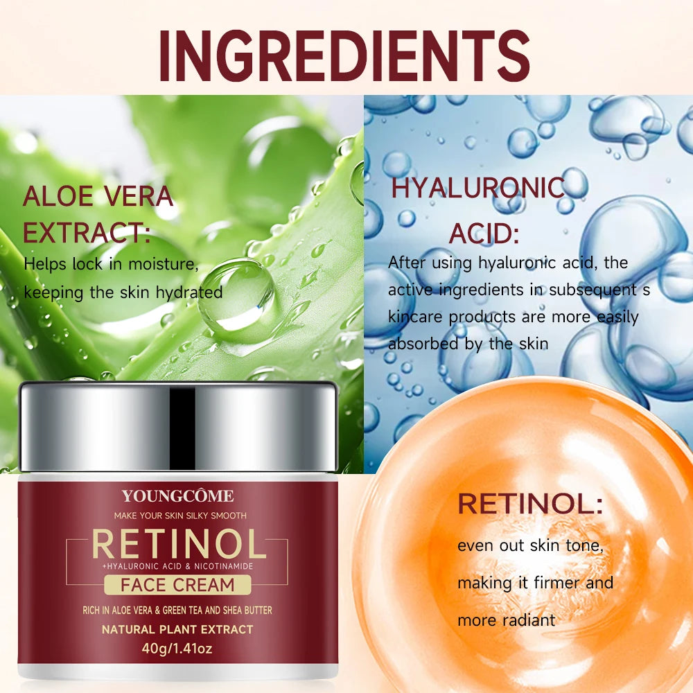 "YOUNGCOME Retinol + Hyaluronic Acid + Aloe Cream SAMPLE - 3-in-1 Anti-Aging Moisturizer 40G" Peaceful Pleasures Health and Wellness
