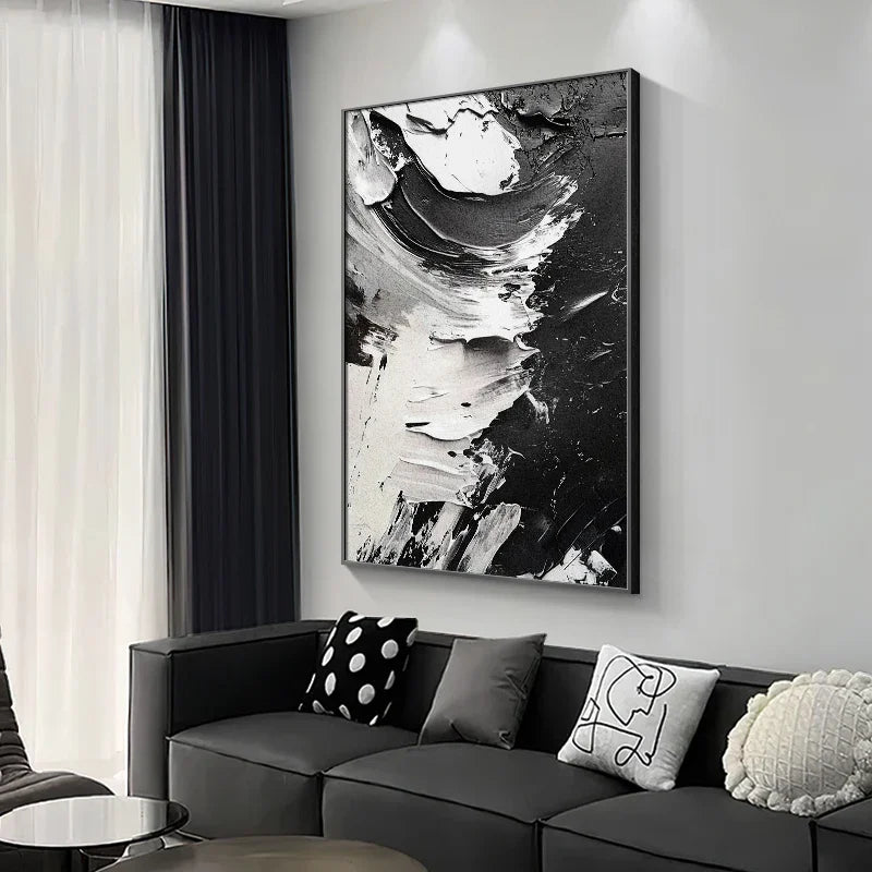 Hand Drawn Black and White Abstract Simple Modern Living Room Floor Painting, High-end Art Entrance Hanging Painting Peaceful Pleasures Health and Wellness
