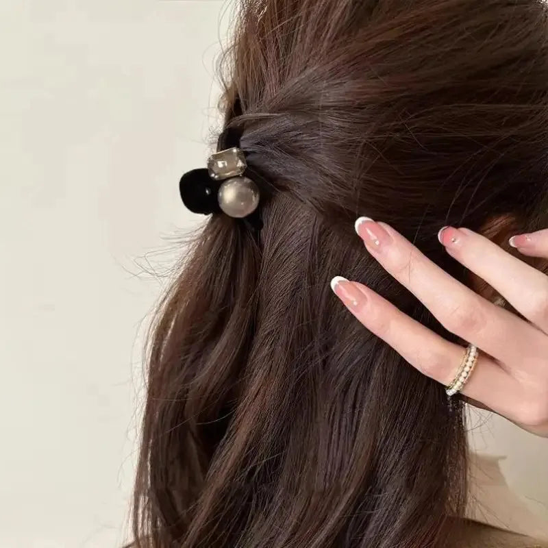 Luxurious Velvet Hair Barrette – Pearl & Rhinestone Round Clip Hair Barrette Peaceful Pleasures Health and Wellness