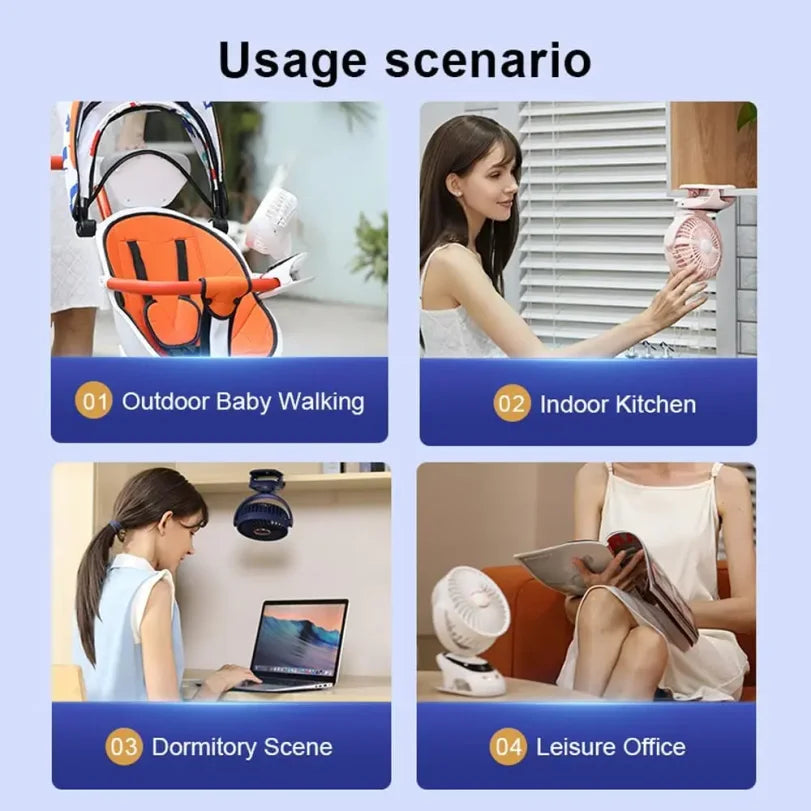 Portable USB Clip-On Desk Fan | 5-Speed, LED Display, Rechargeable