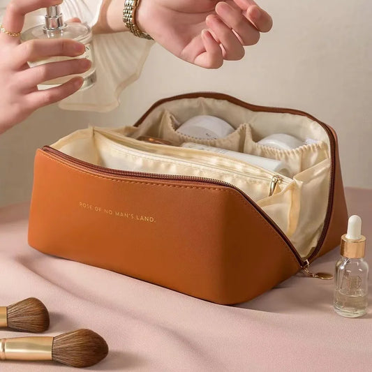 Large Travel Makeup Bag – Foldable PU Cosmetics Organizer Travel Makeup Bag Peaceful Pleasures Health and Wellness brown