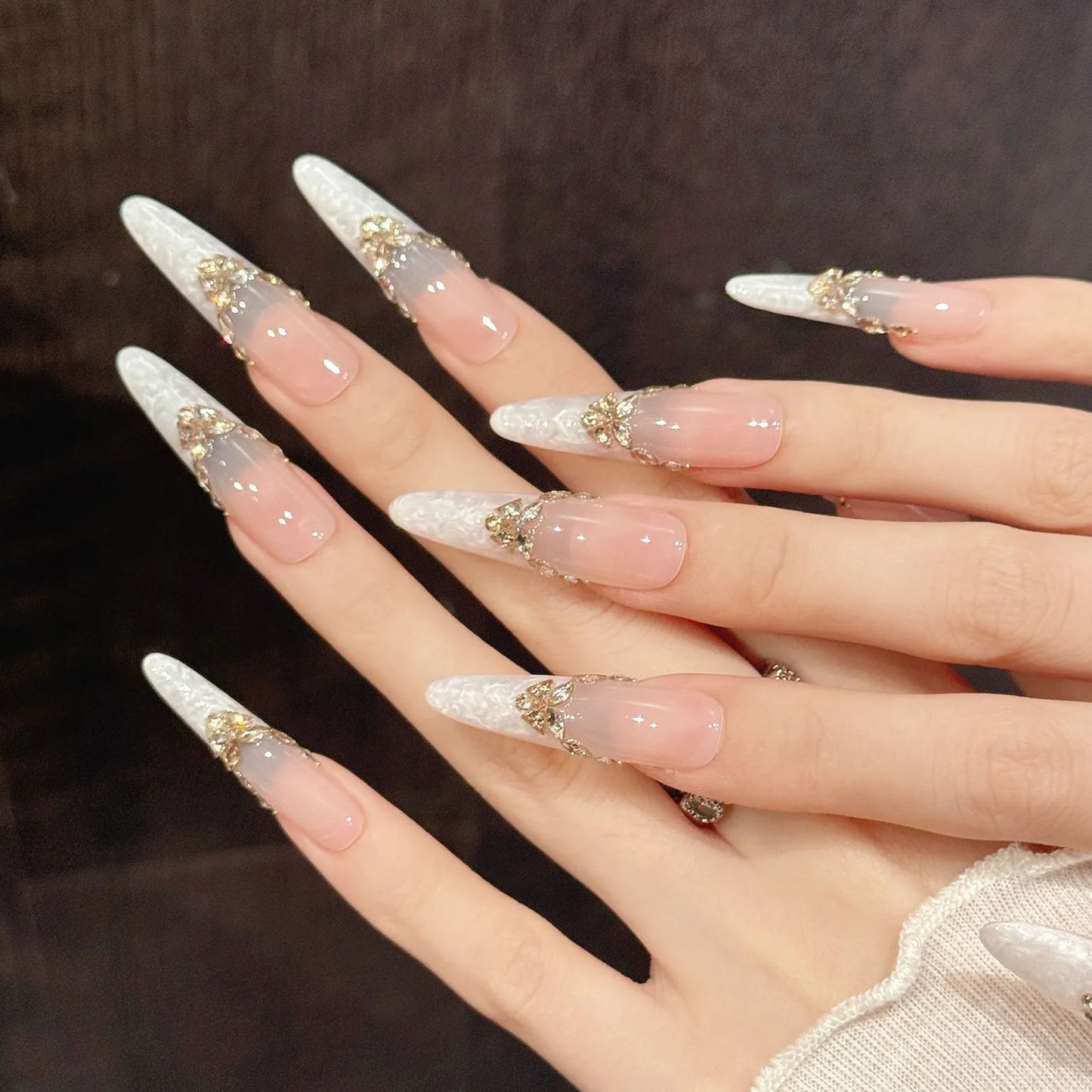 Handmade Press On Nails White Aurora French Almond – 10pcs Set