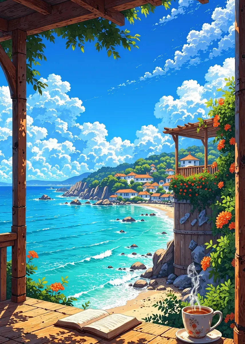 Seaside Town Landscape Canvas Wall Art | Coastal Poster Print