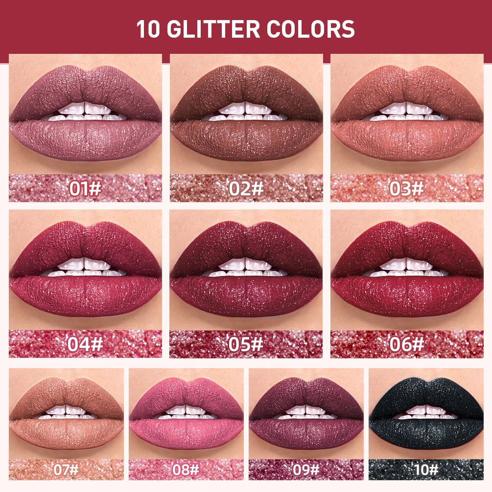 QIBEST 10 Colors Matte Shiny Glitter Liquid Lipstick Shiny Lip Gloss Diamond Waterproof Long Lasting Lipgloss Women Lips Makeup Peaceful Pleasures Health and Wellness