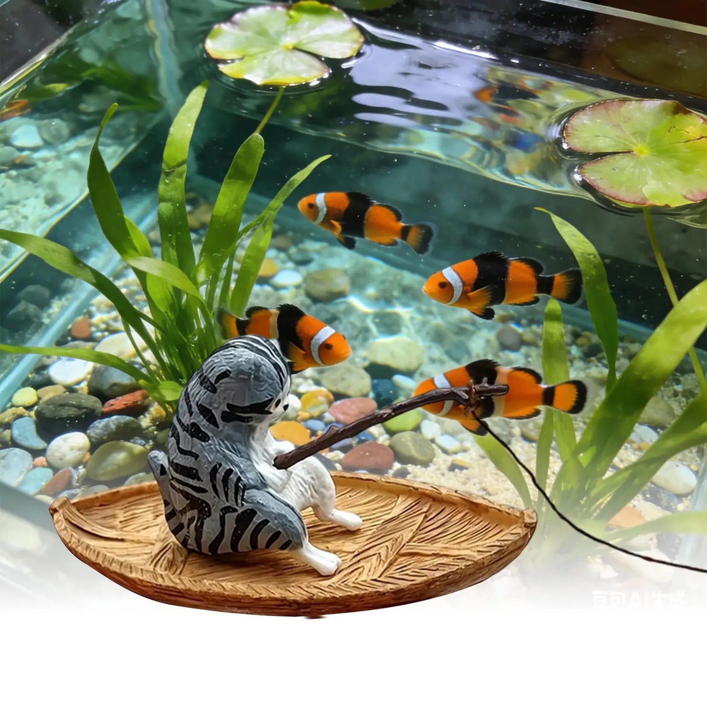 Resin Cat Fishing Boat Aquarium Ornament | Fish Tank & Pond