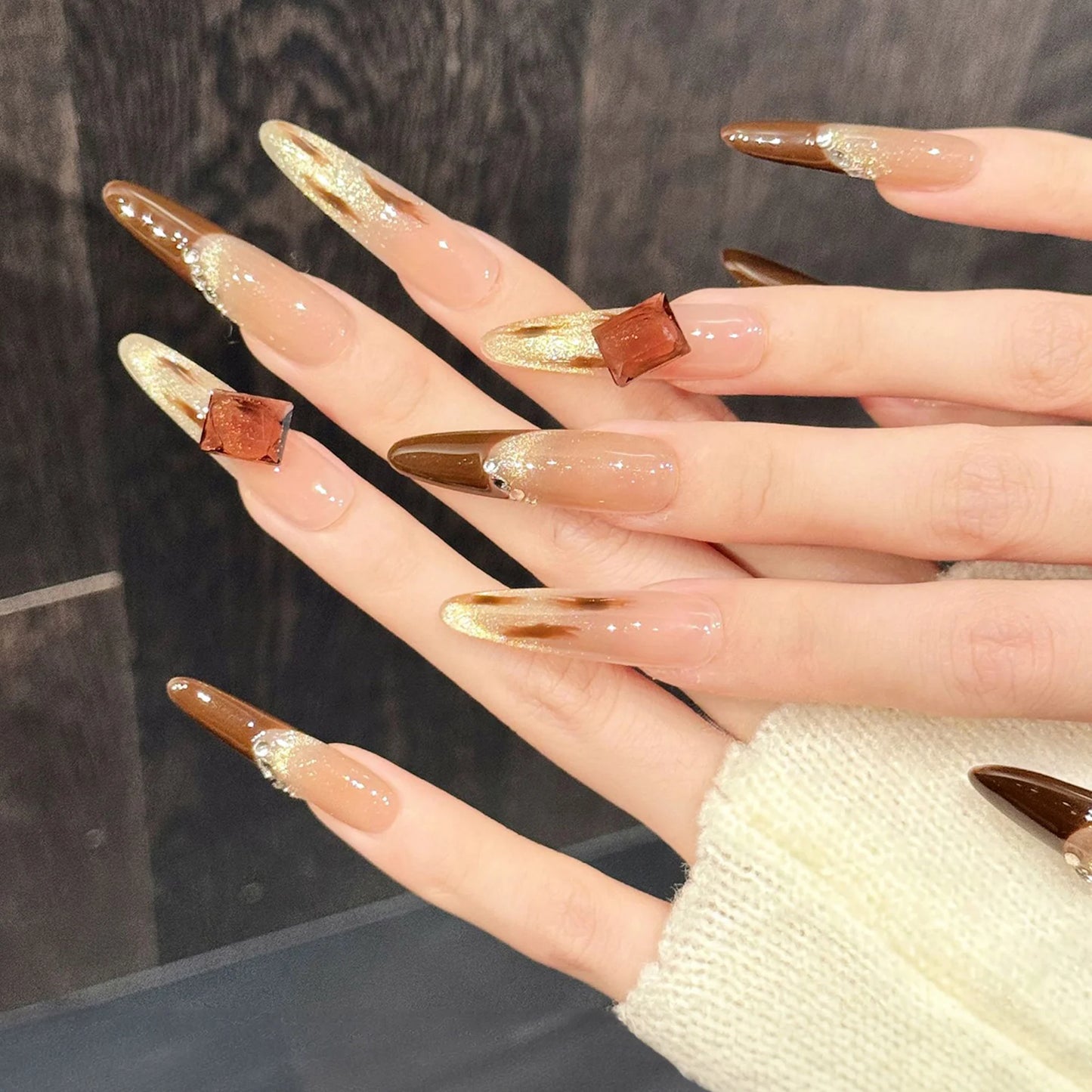Long French Press-On Nails Brown Sugar Diamond Square Tips