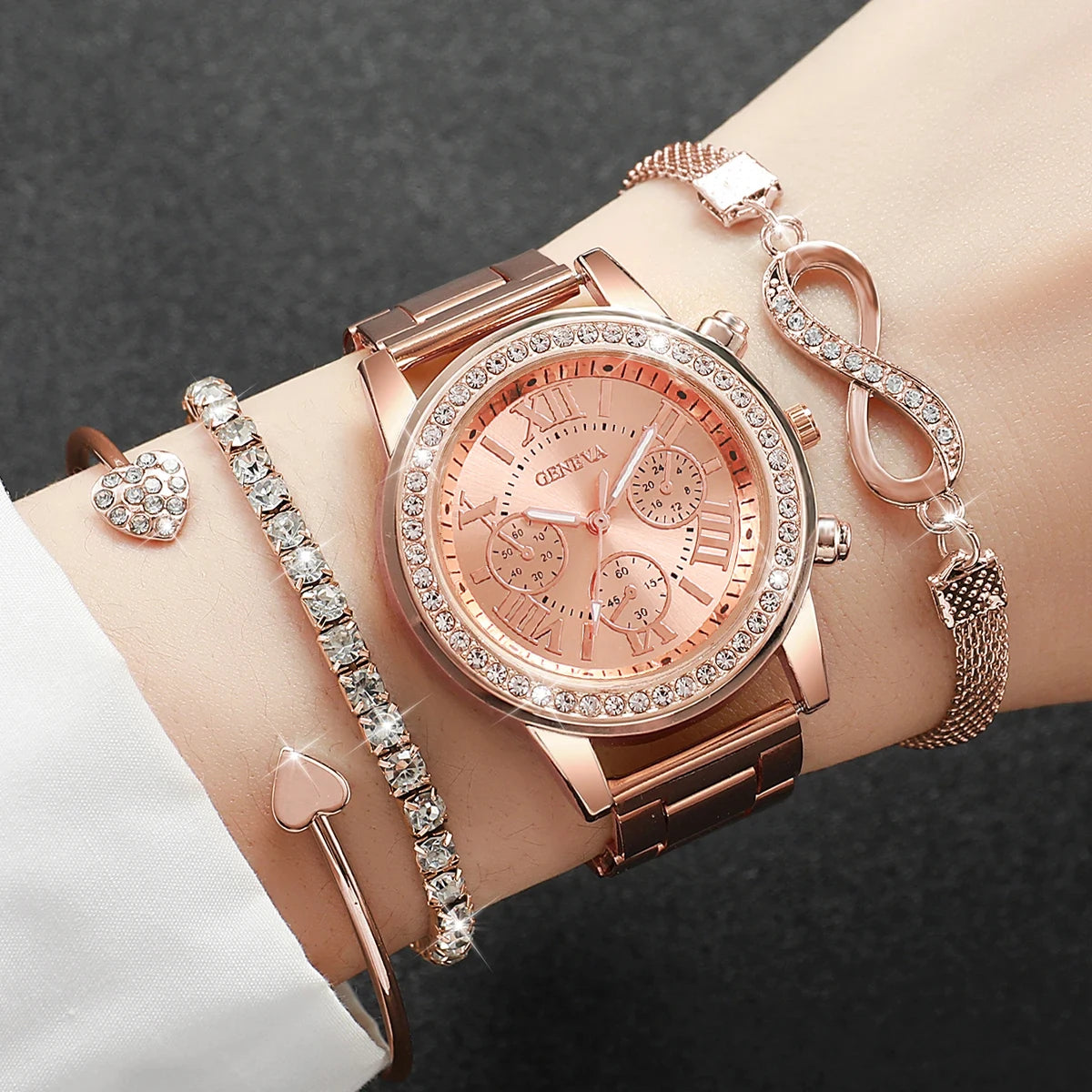 4PCS/Set Fashion Rhinestone Women Watches Luxury Steel Band Ladies Quartz Watch Bracelets Set Reloj Mujer（Without Box） Peaceful Pleasures Health and Wellness B Rose Without Box