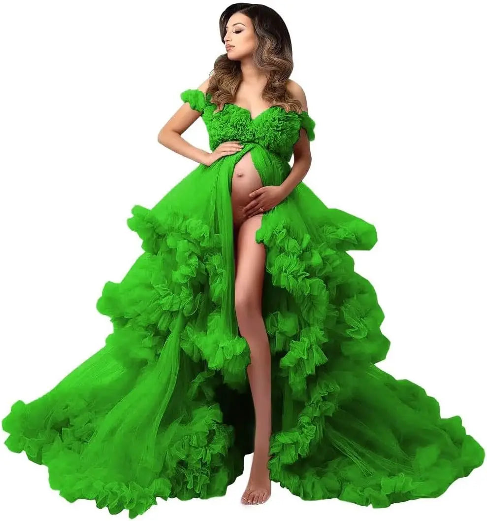 Photoshoot & Baby Shower Tulle Maternity Dress - Puffy Ruffles, Sheer Design, Bridal Lingerie Bathgown for Pregnancy Peaceful Pleasures Health and Wellness Green US 18W