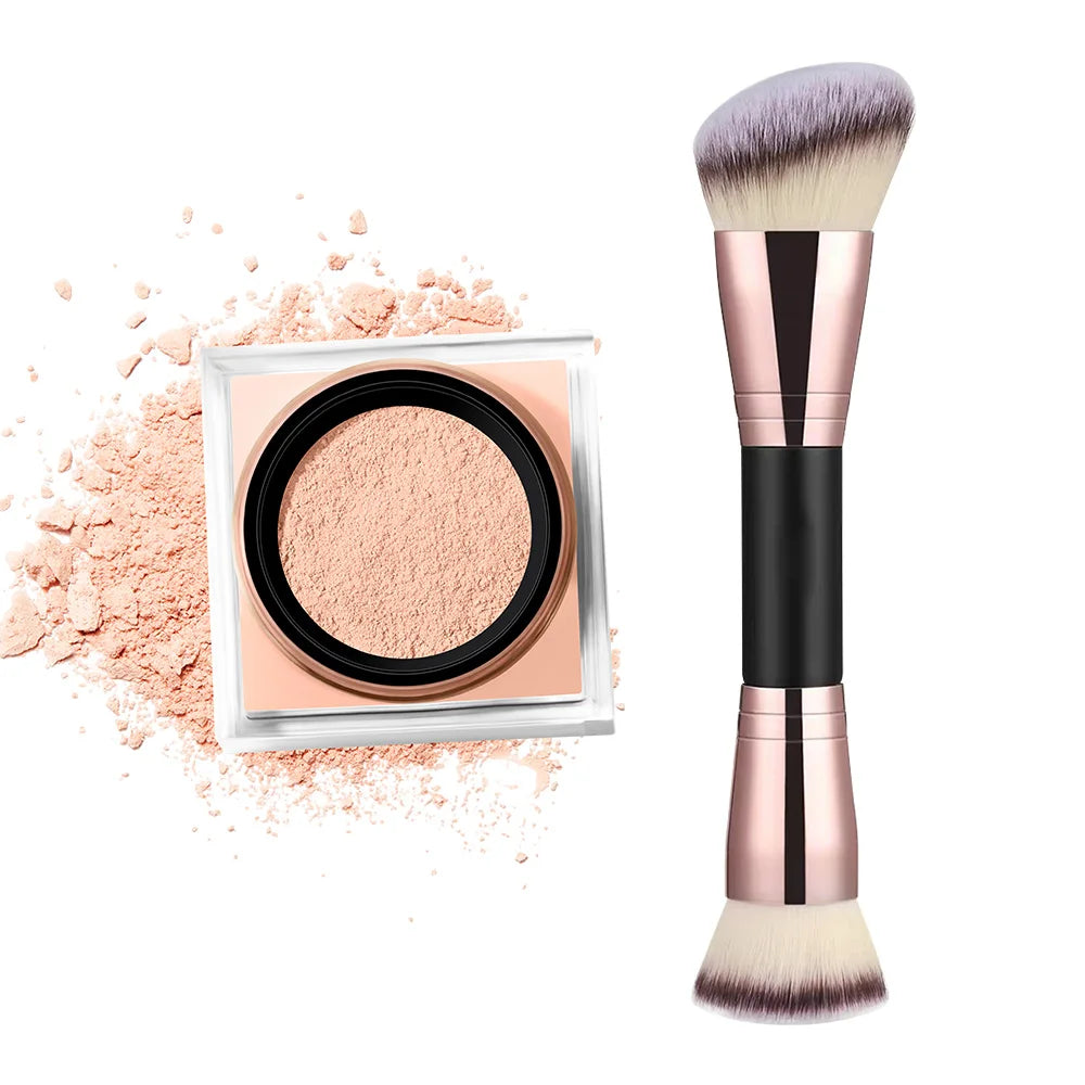 2 Count Loose Setting Powder & Brush Long Lasting Waterproof Oil Control Matte Natural Brightening Face Powder Cosmetics Peaceful Pleasures Health and Wellness 1Light and brush