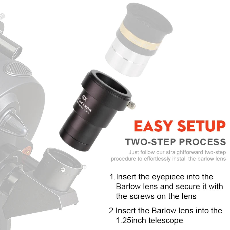 Telescope Barlow Lens 6X 1.25inch (3.17cm) Telescope Accessories All-Metal Multi-Coated Broadband Green Film Achromatic Optical Lens Suitable for Astronomy Eyepieces Peaceful Pleasures Health and Wellness