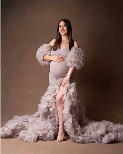 Soft Tulle Mermaid Maternity Gown - Off Shoulder Puffy Slit for Baby Shower & Pregnancy Photoshoot Dresses платье для беременных Peaceful Pleasures Health and Wellness CARMANDY US 4
