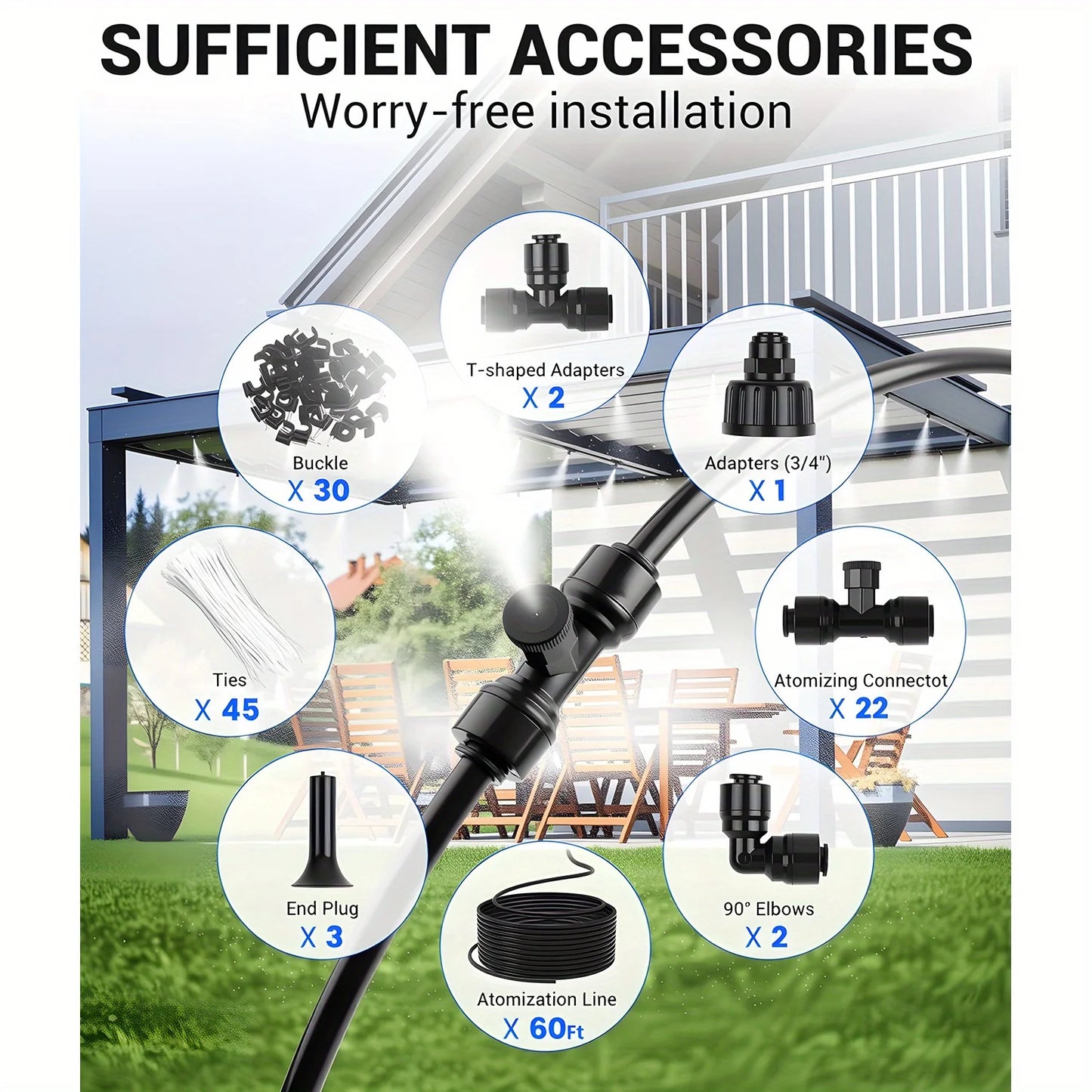 60FT Misters for Outside Patio Misters for Cooling (22 Mist Nozzles) Outdoor Water Patio Hose Greenhouse Mister System Outside Peaceful Pleasures Health and Wellness 60FT