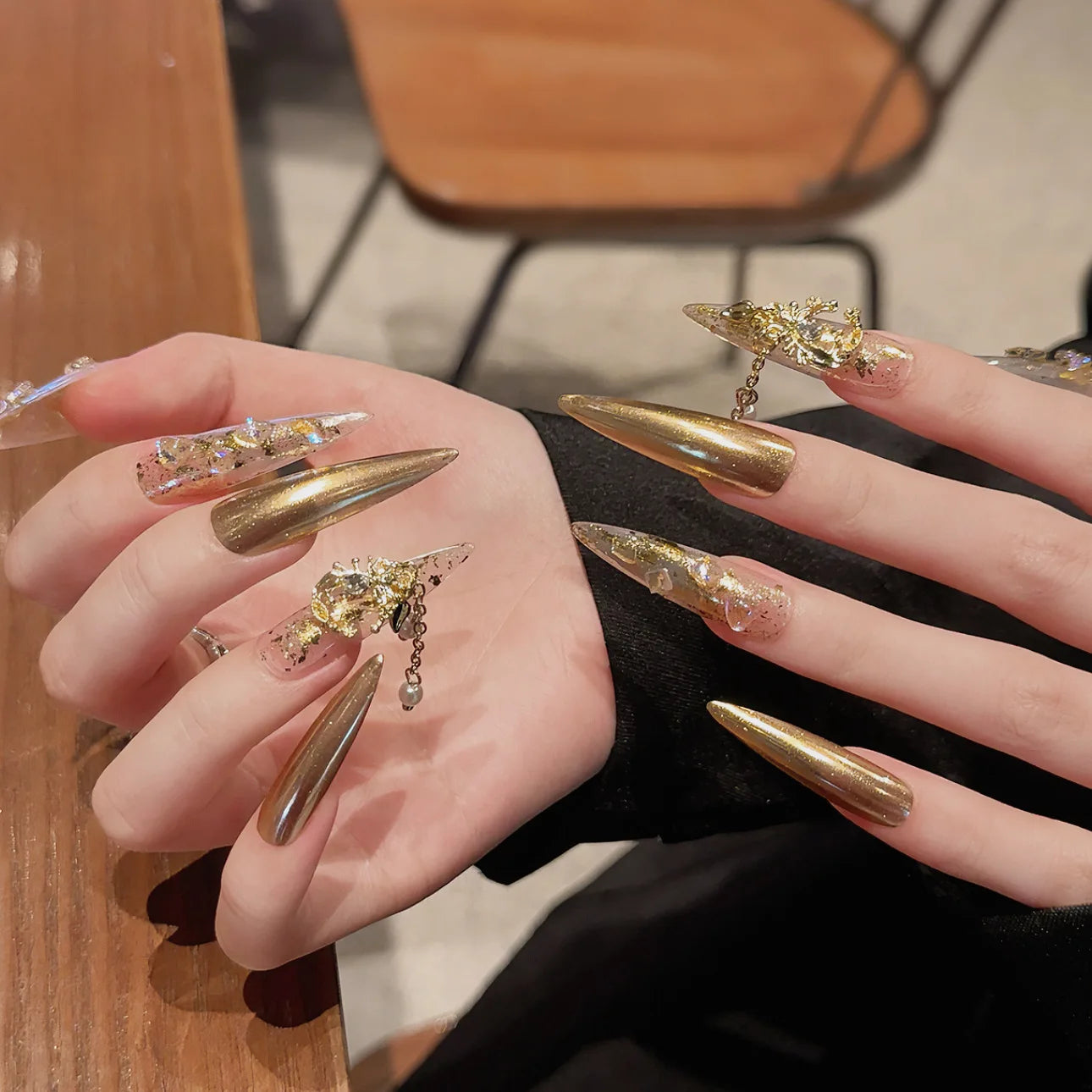 Handmade Press on Nails Golden Mirror Long Pointed Fake Nail Tips for Women Wearable Detachable Gold Foil Fashion False Nails Peaceful Pleasures Health and Wellness