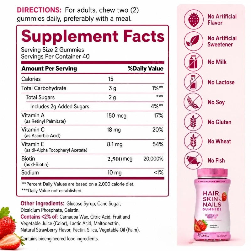 Biotin 2500mcg Hair Skin Nails Gummies – Vitamins A C E | 80ct
