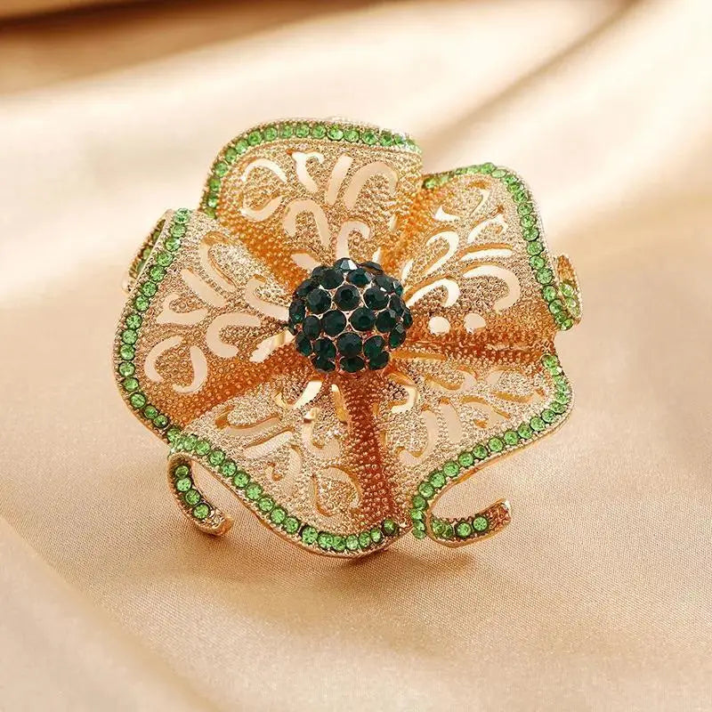 Luxury Flower Crystal Ring Women Gold Adjustable Statement Elegant
